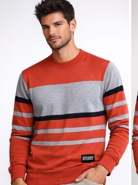 Stussy Red and Gray Striped Crewneck Sweater